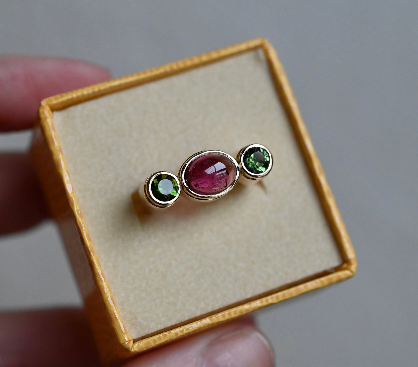 14k Gold Column Triple Gemstone Ring Setting - Made To Order