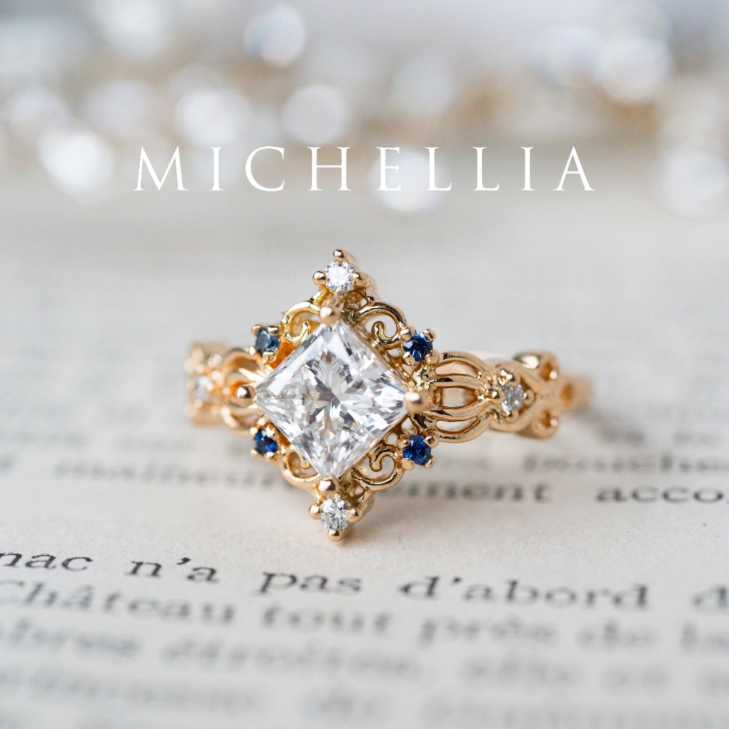 [Elsa] Vintage Square Princess Cut Engagement Ring in Aquamarine
