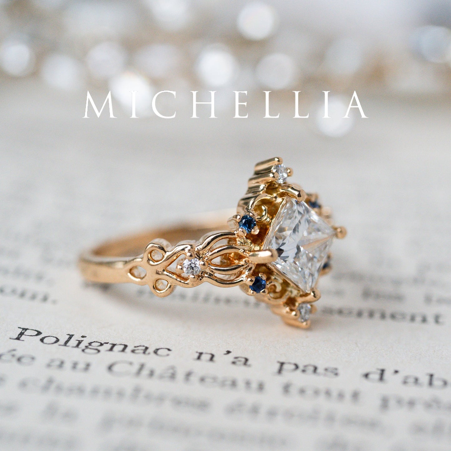 [Elsa] Vintage Square Princess Cut Engagement Ring in Lab Blue Sapphire