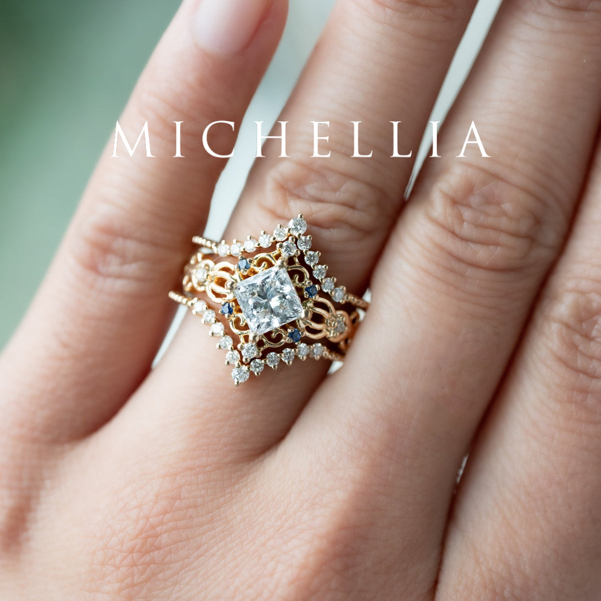 [Elsa] Vintage Square Princess Cut Engagement Ring in Lab Blue Sapphire