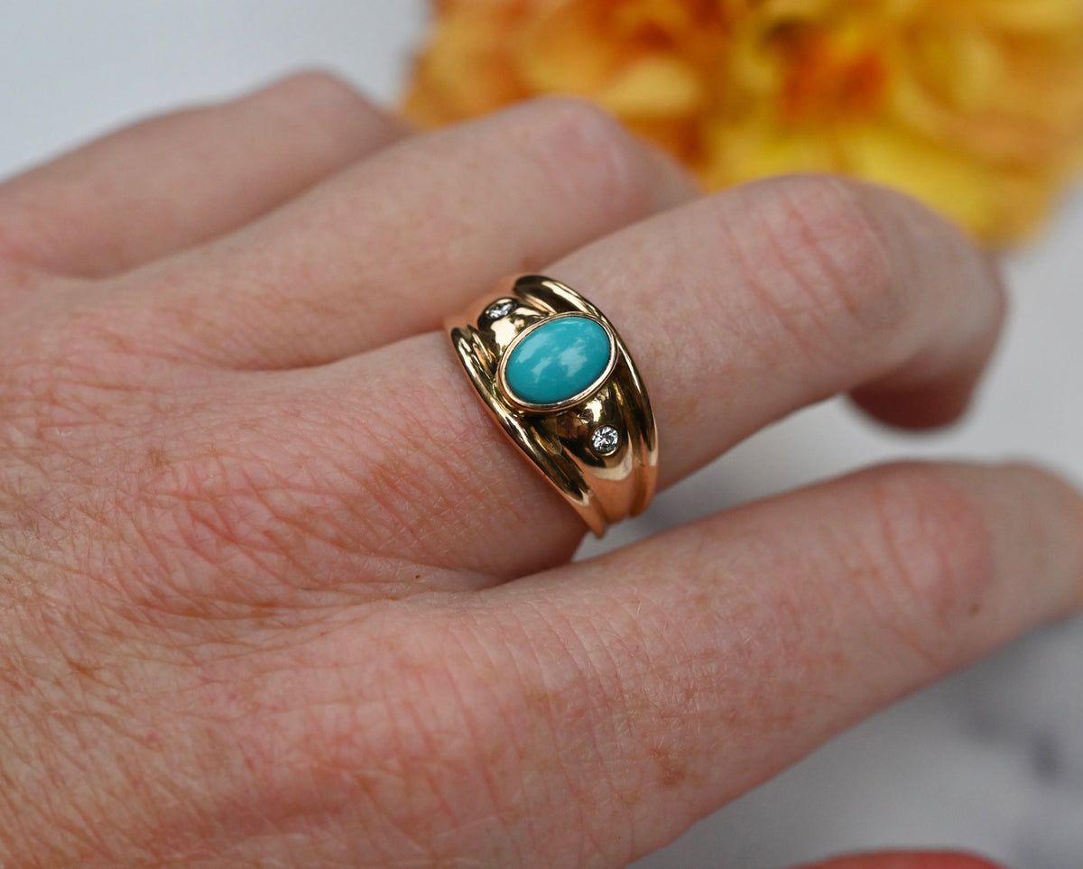 Sleeping Beauty Turquoise & Diamond 14k Gold Ring - size 7.75