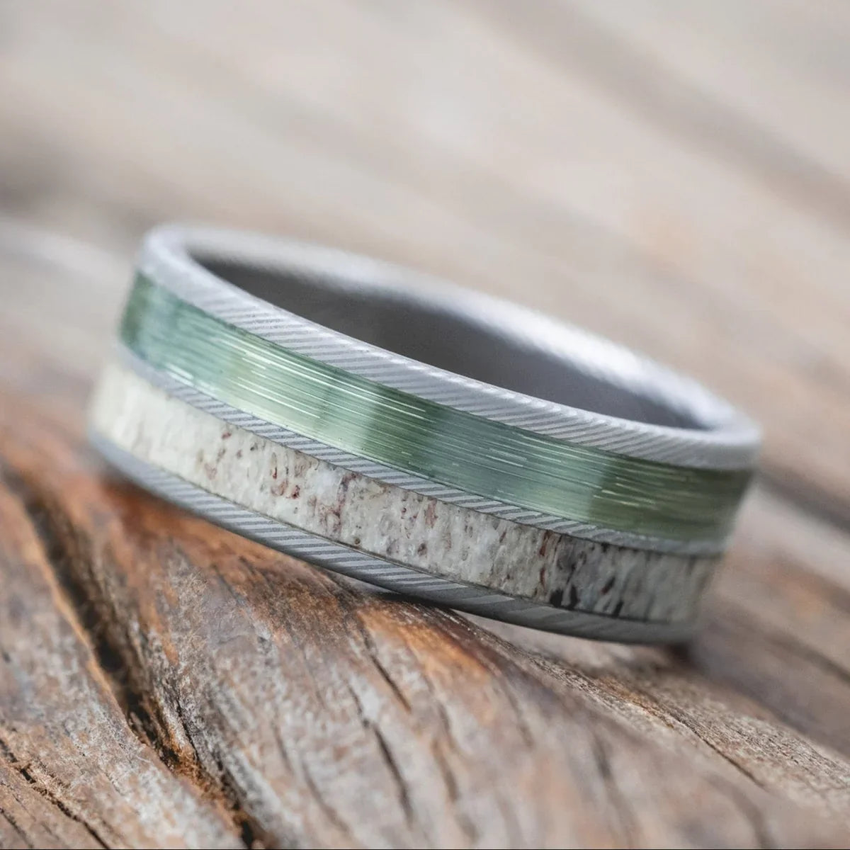"Dyad" - Antler & Fishing Line Wedding Band - Damascus Steel (8mm) - Size 12 1/4