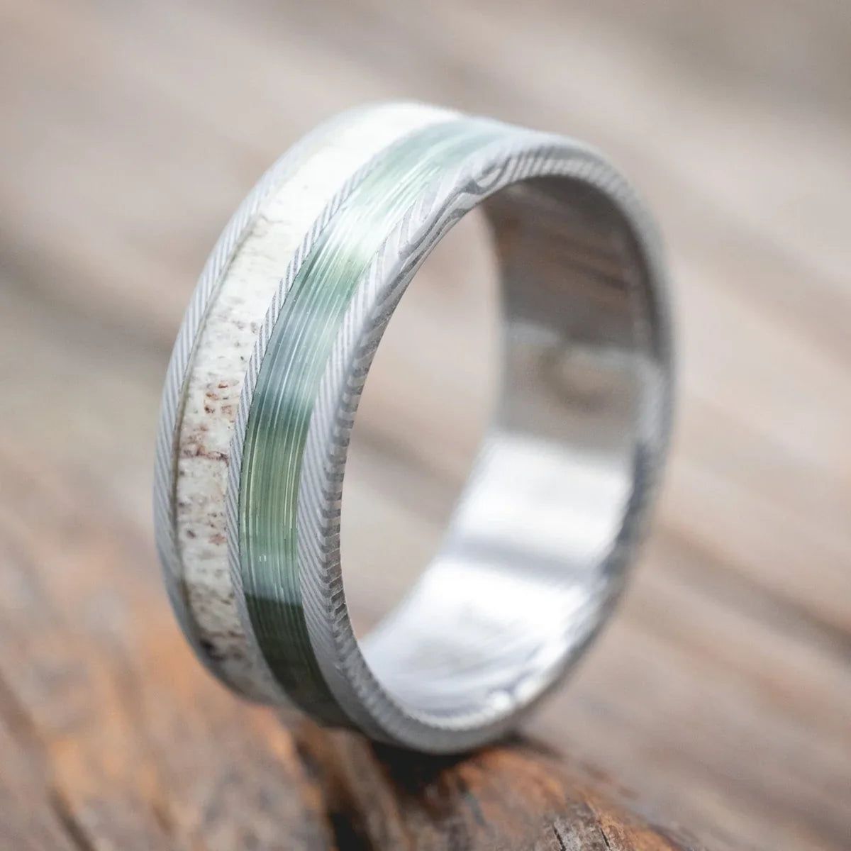 "Dyad" - Antler & Fishing Line Wedding Band - Damascus Steel (8mm) - Size 12 1/4