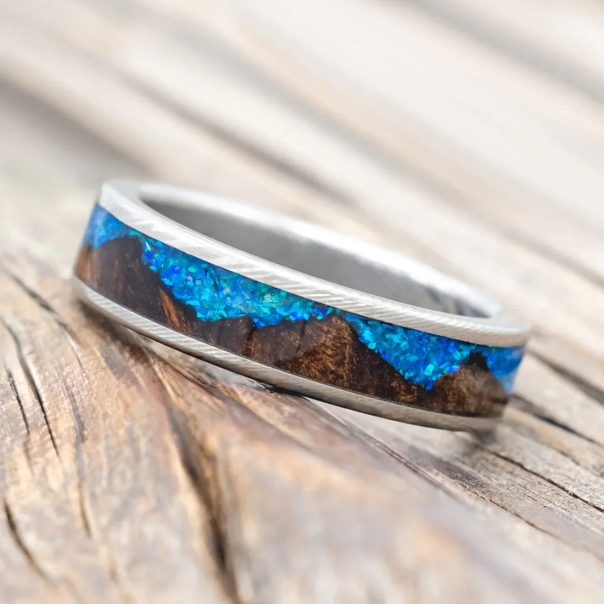 "Helios" - Redwood & Blue Opal Wedding Band - Damascus Steel (6mm) - Size 10