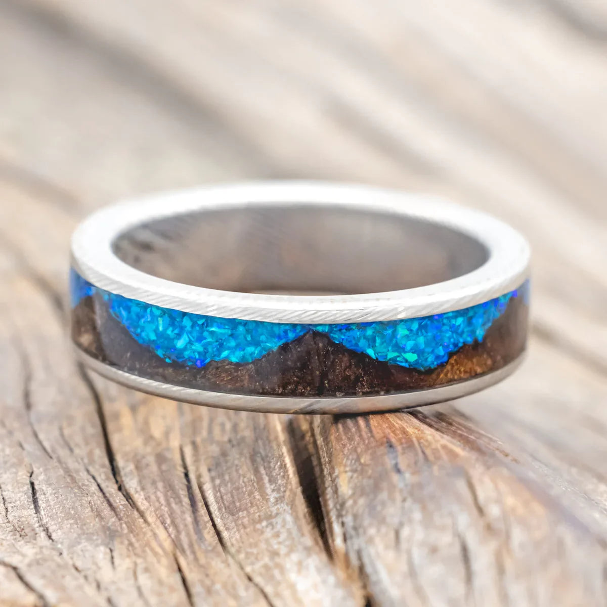 "Helios" - Redwood & Blue Opal Wedding Band - Damascus Steel (6mm) - Size 10