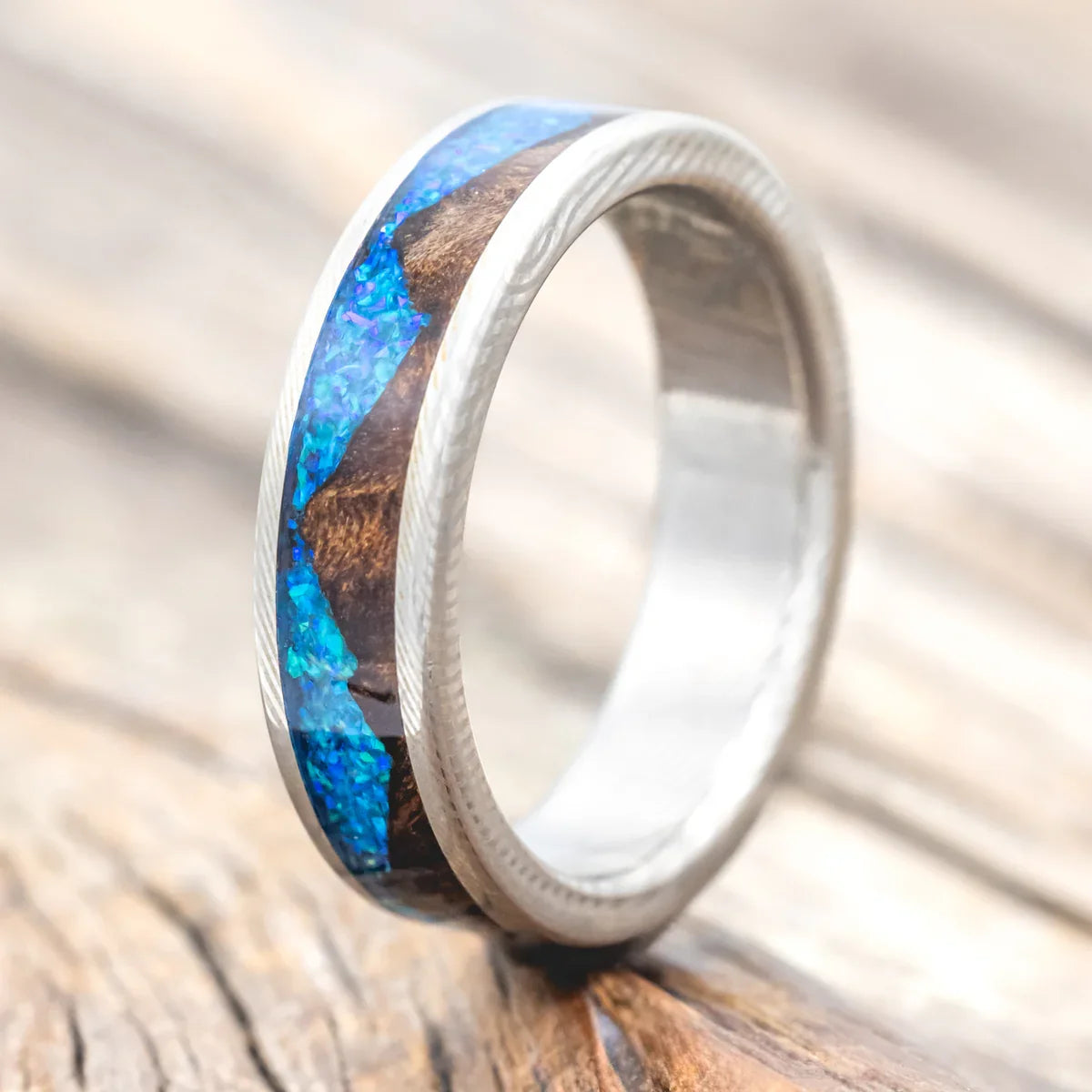 "Helios" - Redwood & Blue Opal Wedding Band - Damascus Steel (6mm) - Size 10