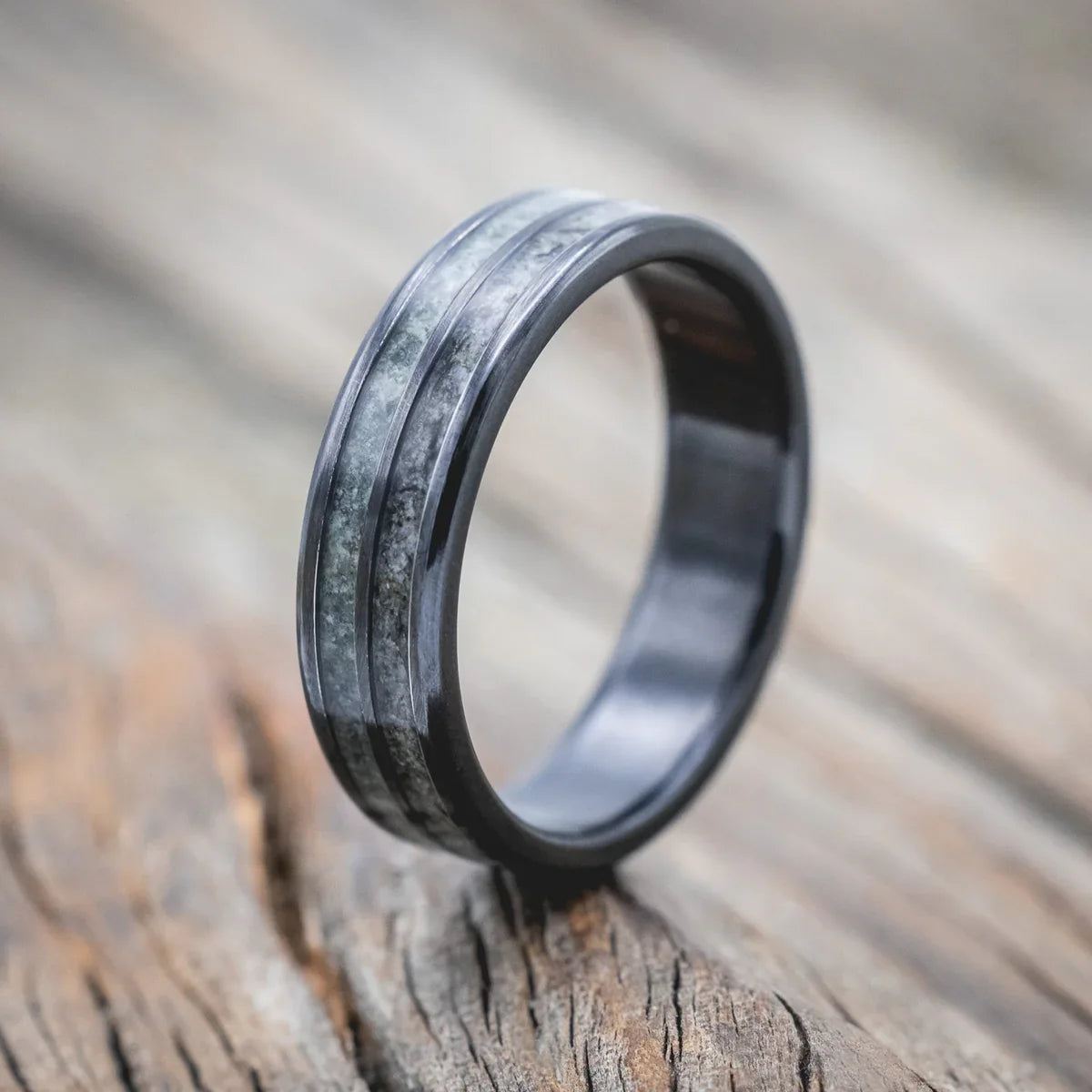 "Dyad" - Moss Agate & Moonstone Wedding Band - Black Zirconium (6mm) - Size 10 1/4