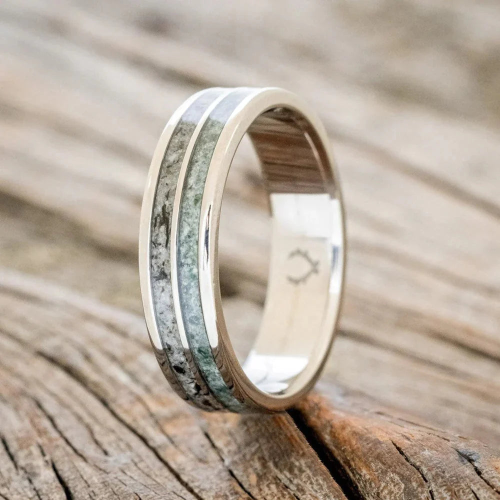 "Dyad" - Moss Agate & Moonstone Wedding Band - Titanium (6mm) - Size 8