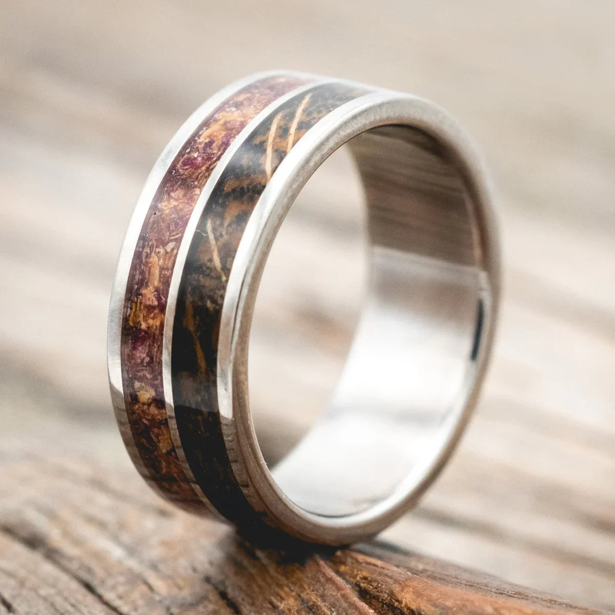 "Dyad" - Tattoo Ink, Rose Petals & Whiskey Barrel Oak Wedding Band  - 14K Rose Gold (8mm) - Size 11