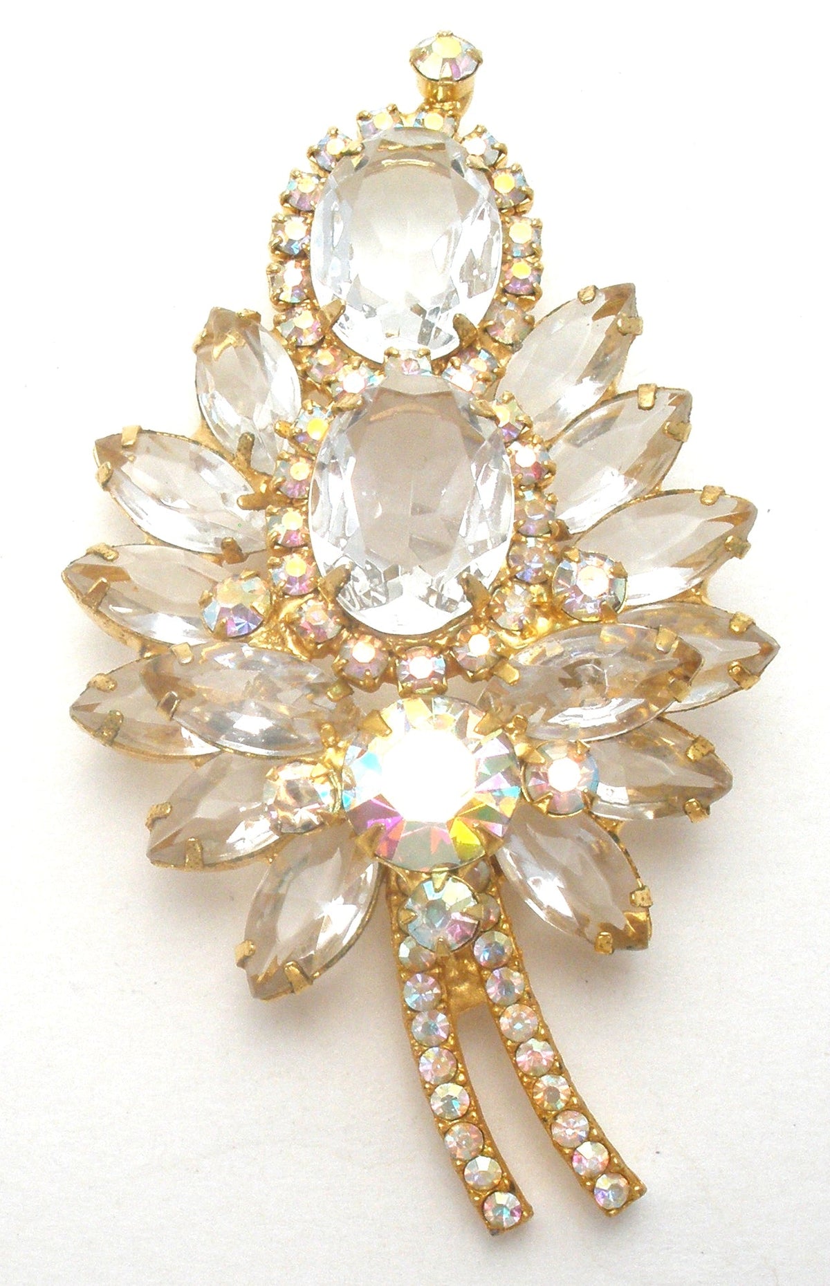 D & E Juliana Leaf Brooch & Earrings Clear & Ab Rhinestone Set