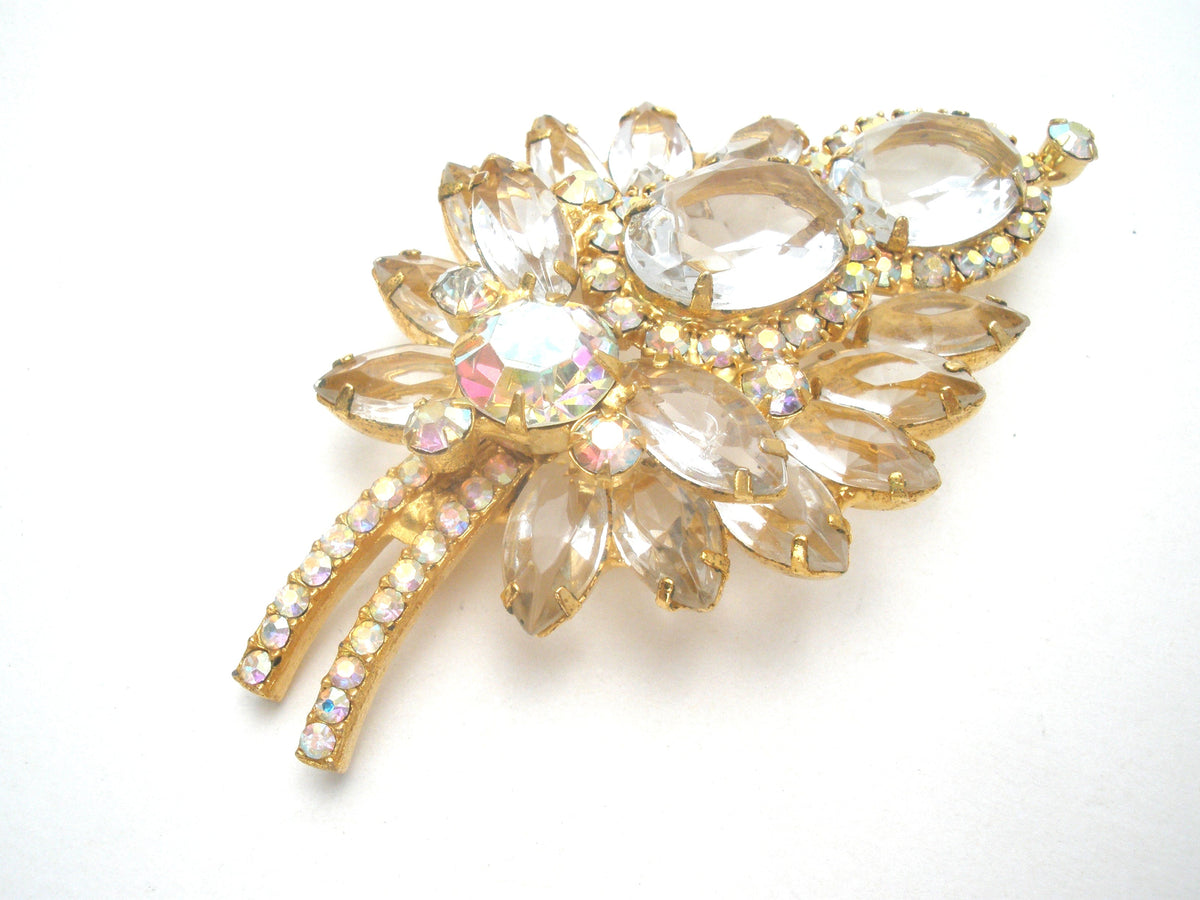 D & E Juliana Leaf Brooch & Earrings Clear & Ab Rhinestone Set