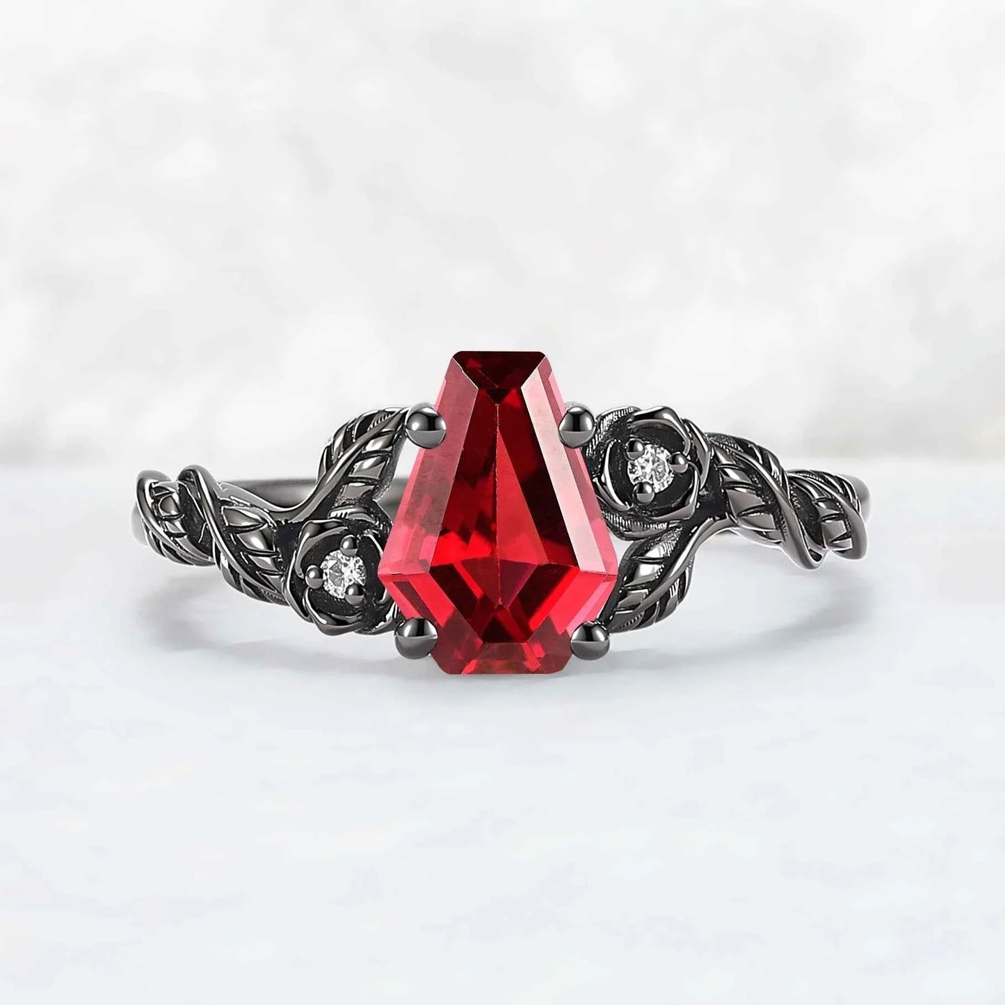 Dark Romance Red Conffin Cut Garnet Stone Rose Floral Ring