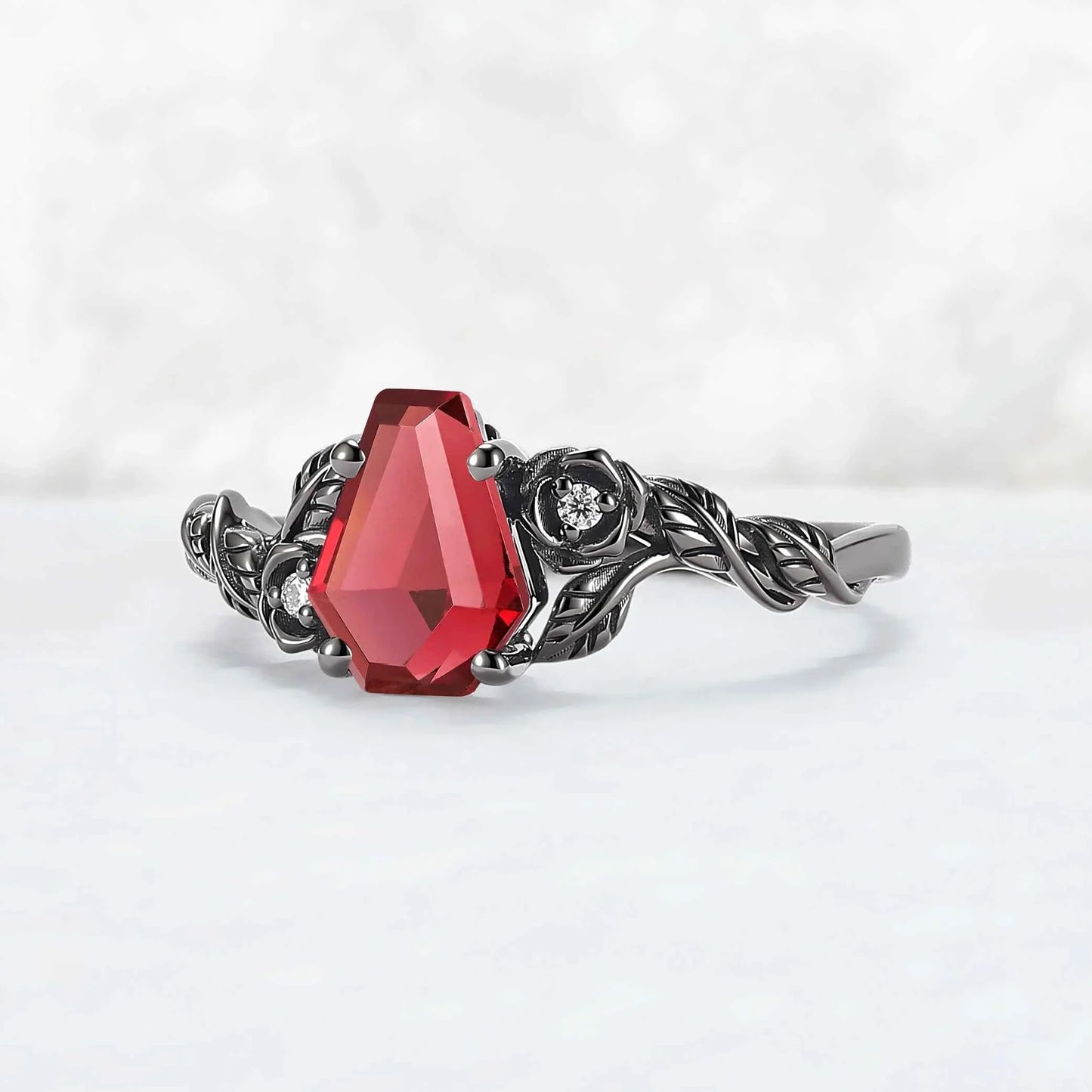 Dark Romance Red Conffin Cut Garnet Stone Rose Floral Ring