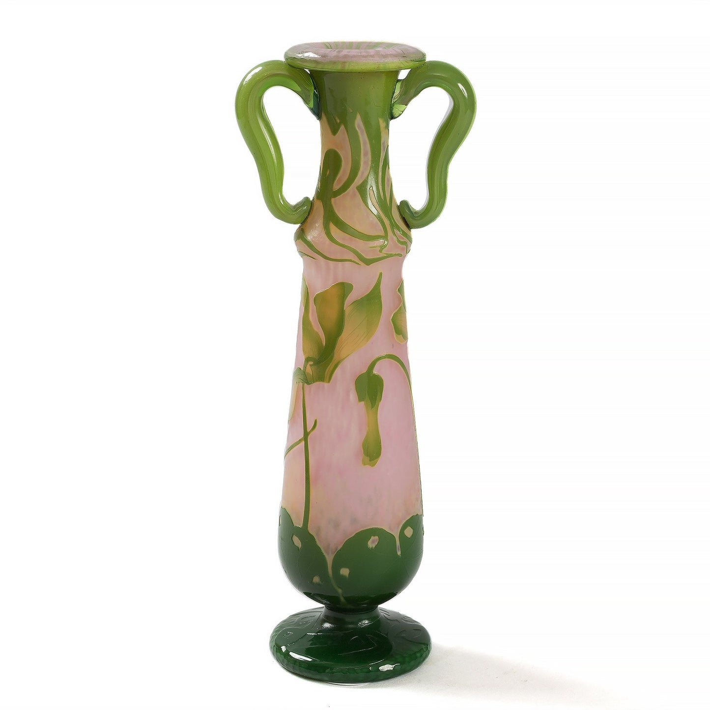 Daum Nancy Enameled and Etched Cyclamen Glass Vase with Handles