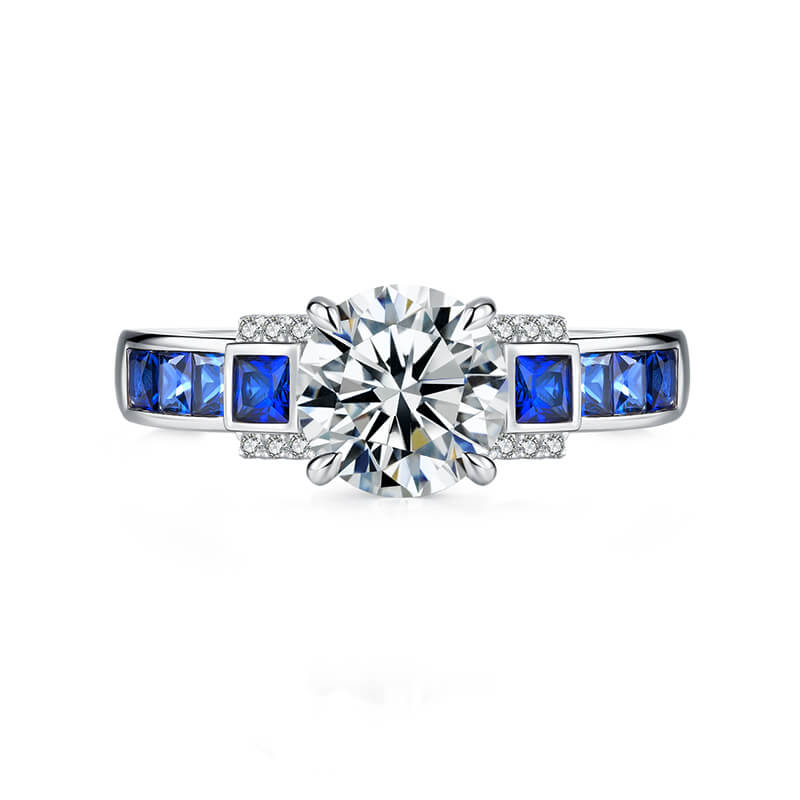 Deco Elegance Moissanite and Baguette Sapphire Engagement Ring