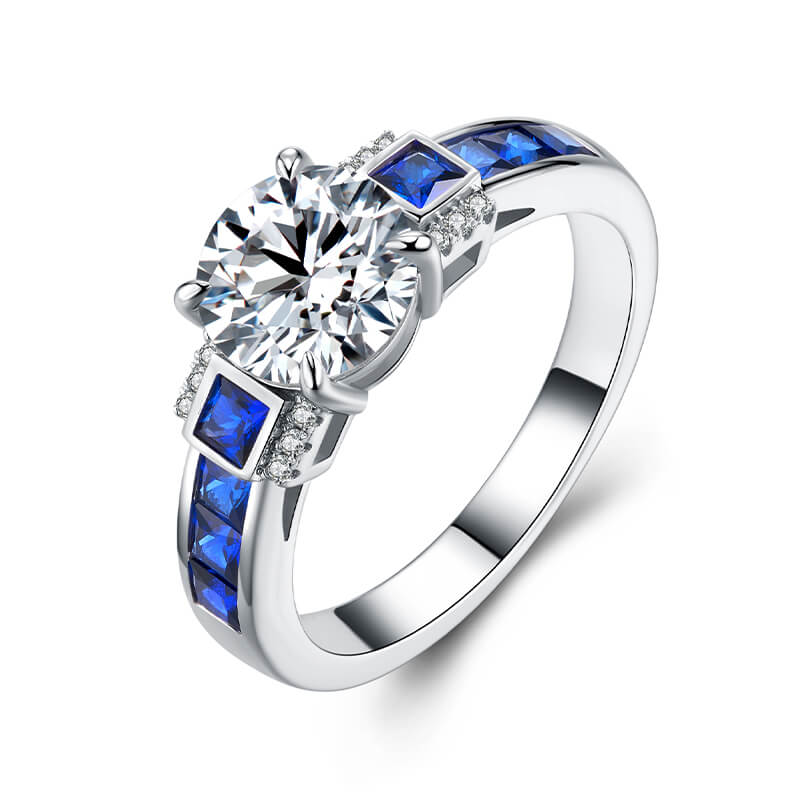 Deco Elegance Moissanite and Baguette Sapphire Engagement Ring