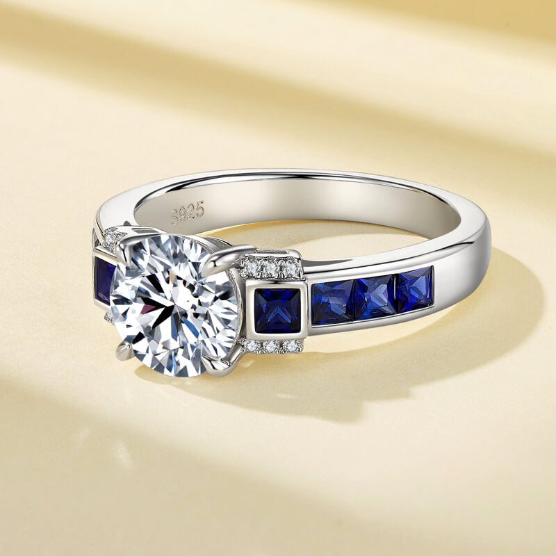 Deco Elegance Moissanite and Baguette Sapphire Engagement Ring