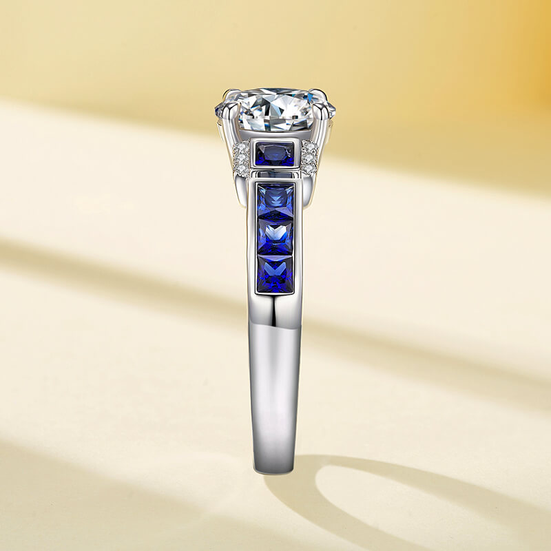 Deco Elegance Moissanite and Baguette Sapphire Engagement Ring