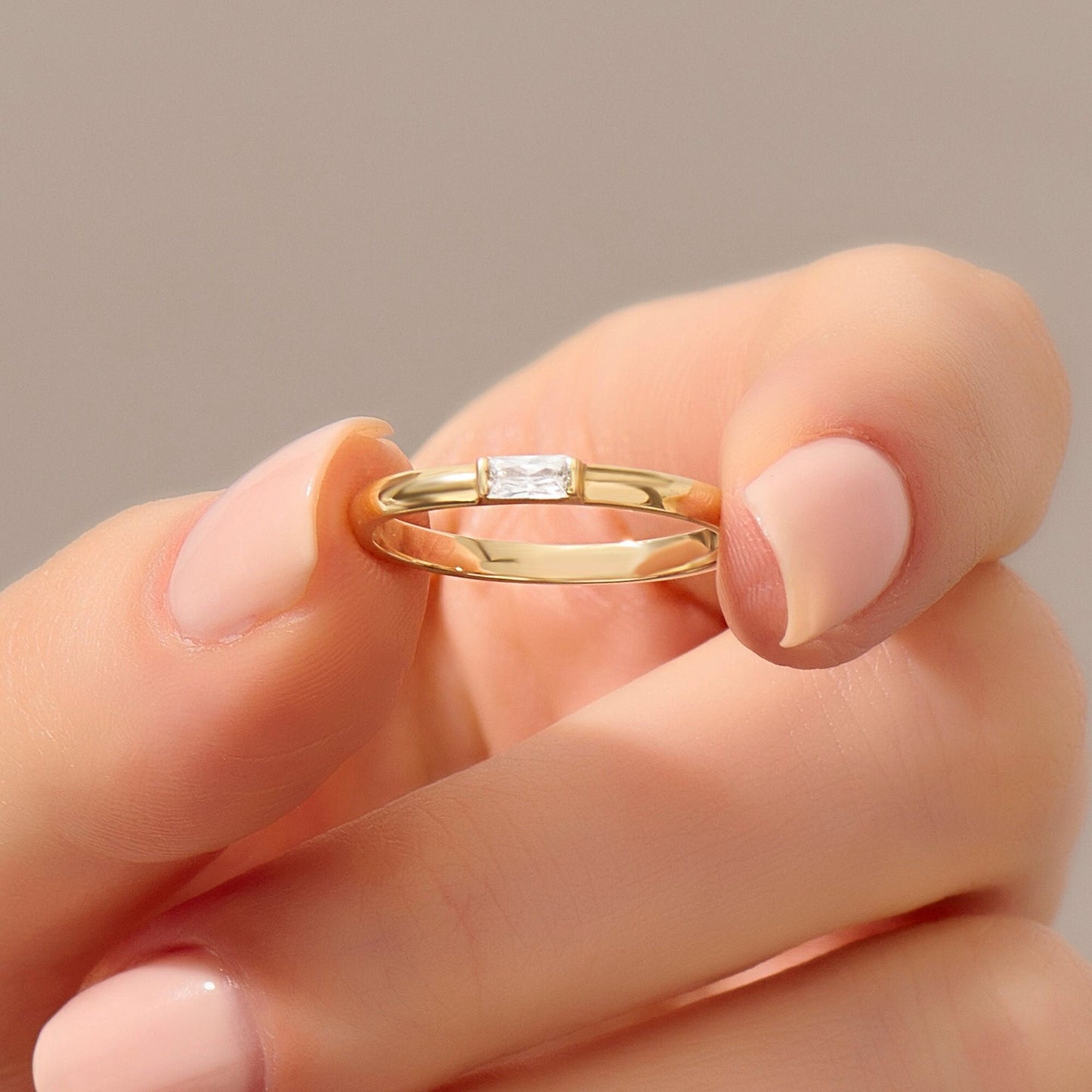 Baguette Solitaire 14k Solid Gold Diamond Ring - Minimalist East West Engagement Band for Women