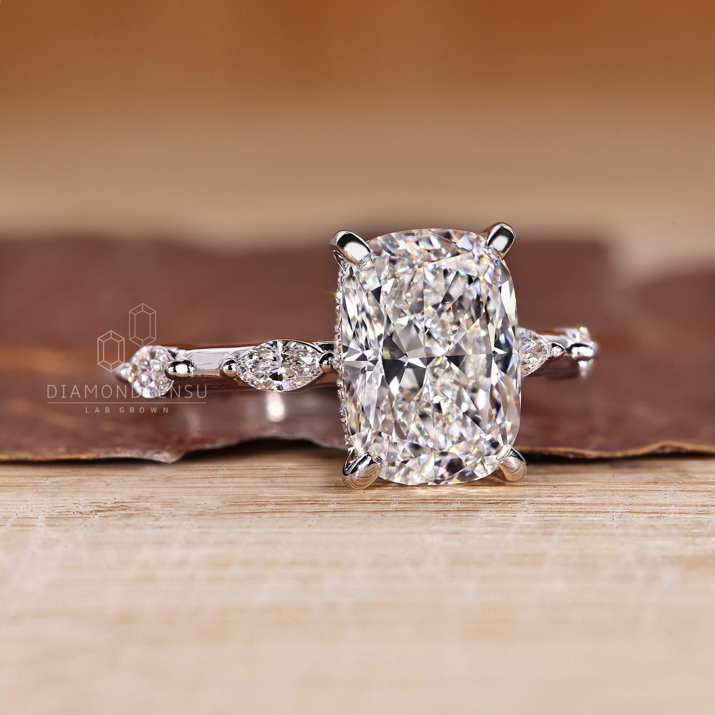 Elongated Cushion Cut Diamond Ring in Distance Pave Setting