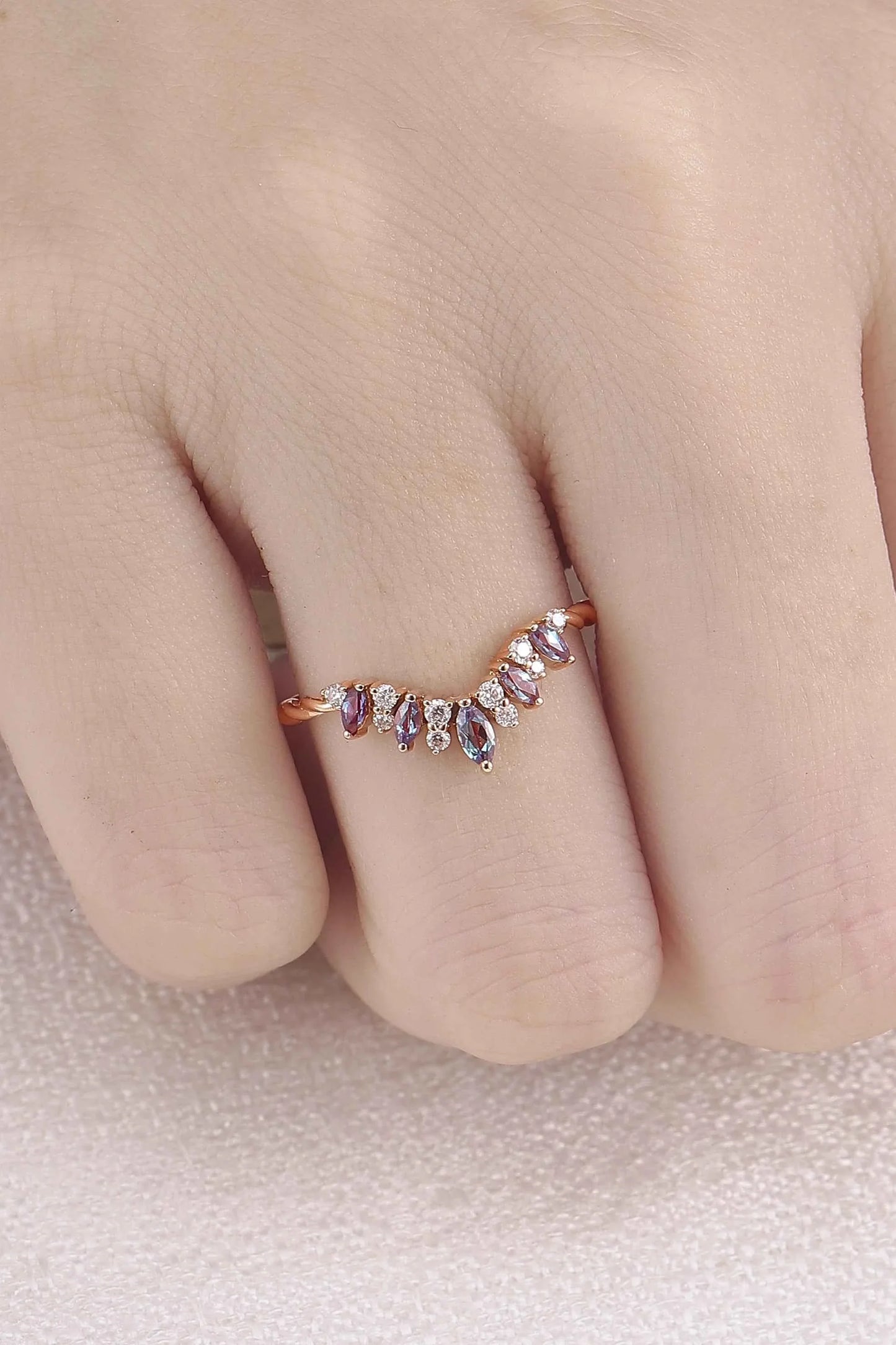 Curved Marquise Cut Alexandrite Twig Ring Arm Stacking Ring