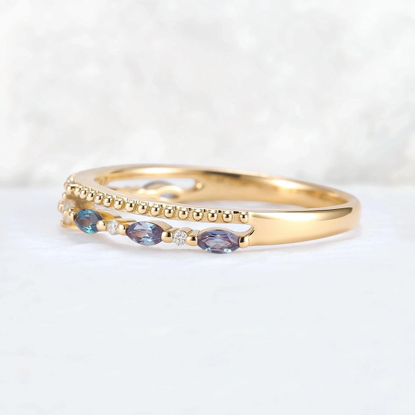 Double-Ring Arm Marquise Cut Alexandrite Beaded Edge Stacking Ring