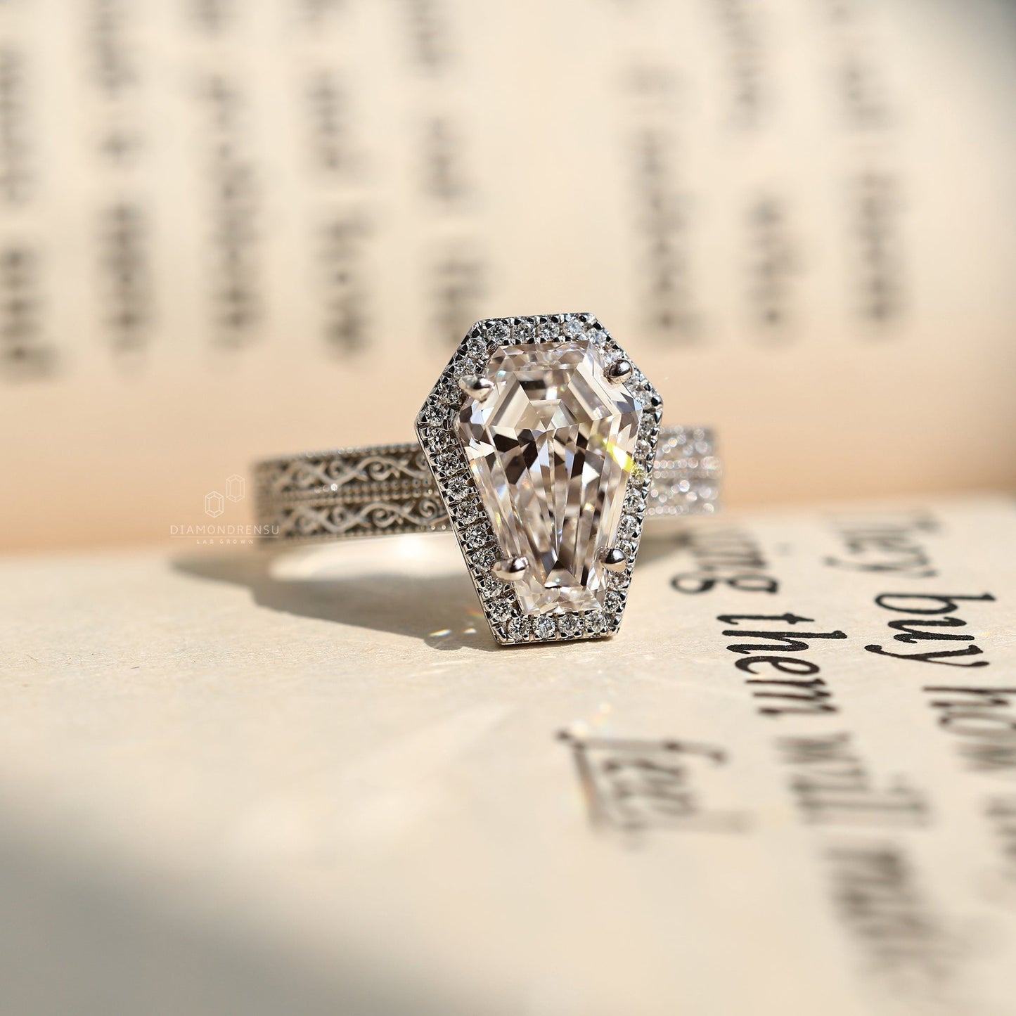 Coffin Cut Engagement Ring with Milgrain Details