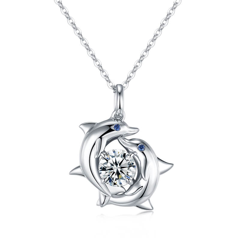 Double Dolphin Surround Moissanite Necklace In Sterling Silver