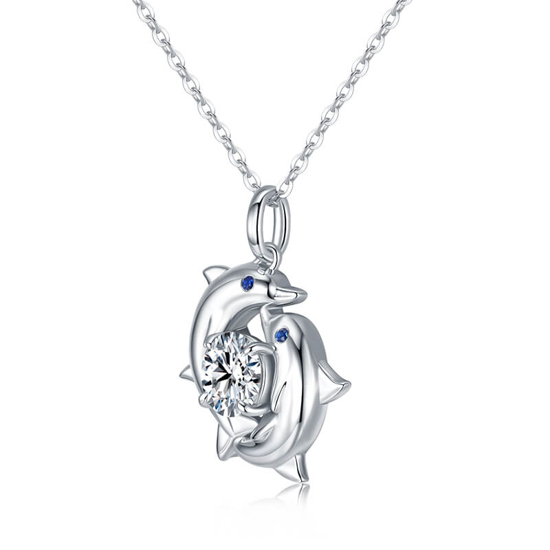 Double Dolphin Surround Moissanite Necklace In Sterling Silver