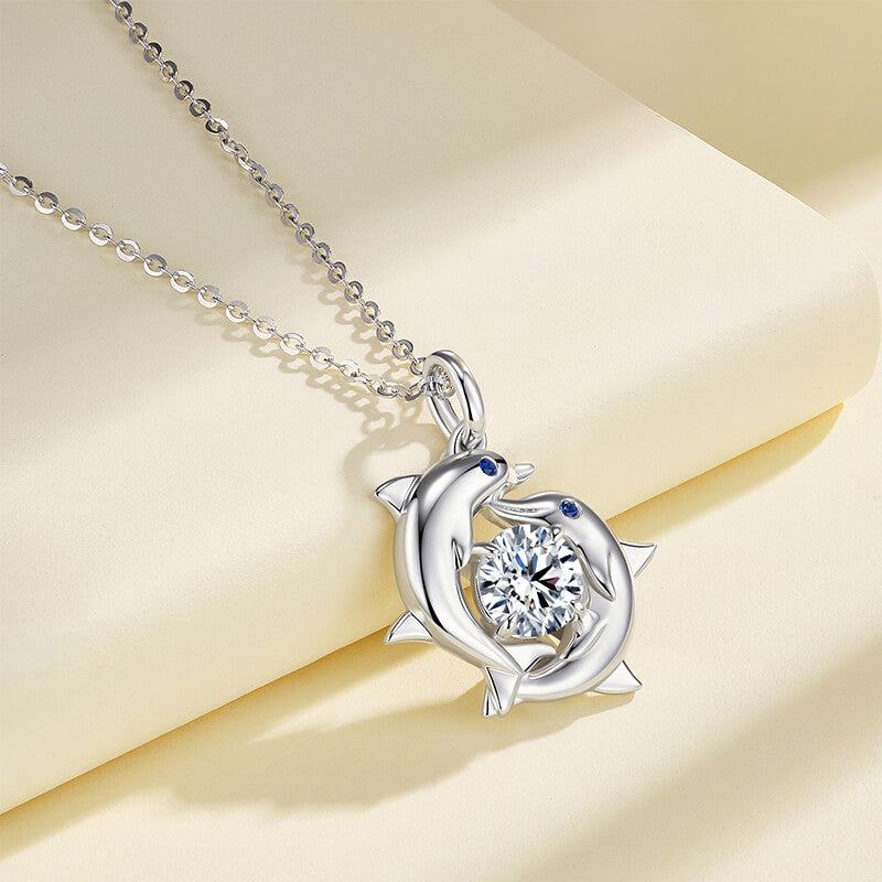 Double Dolphin Surround Moissanite Necklace In Sterling Silver