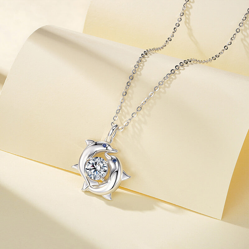 Double Dolphin Surround Moissanite Necklace In Sterling Silver