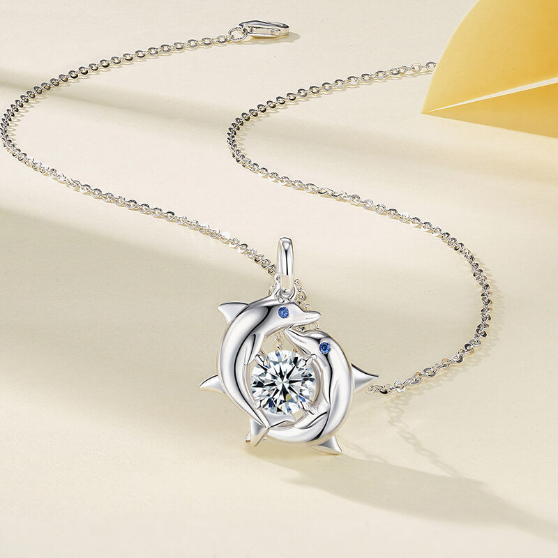 Double Dolphin Surround Moissanite Necklace In Sterling Silver
