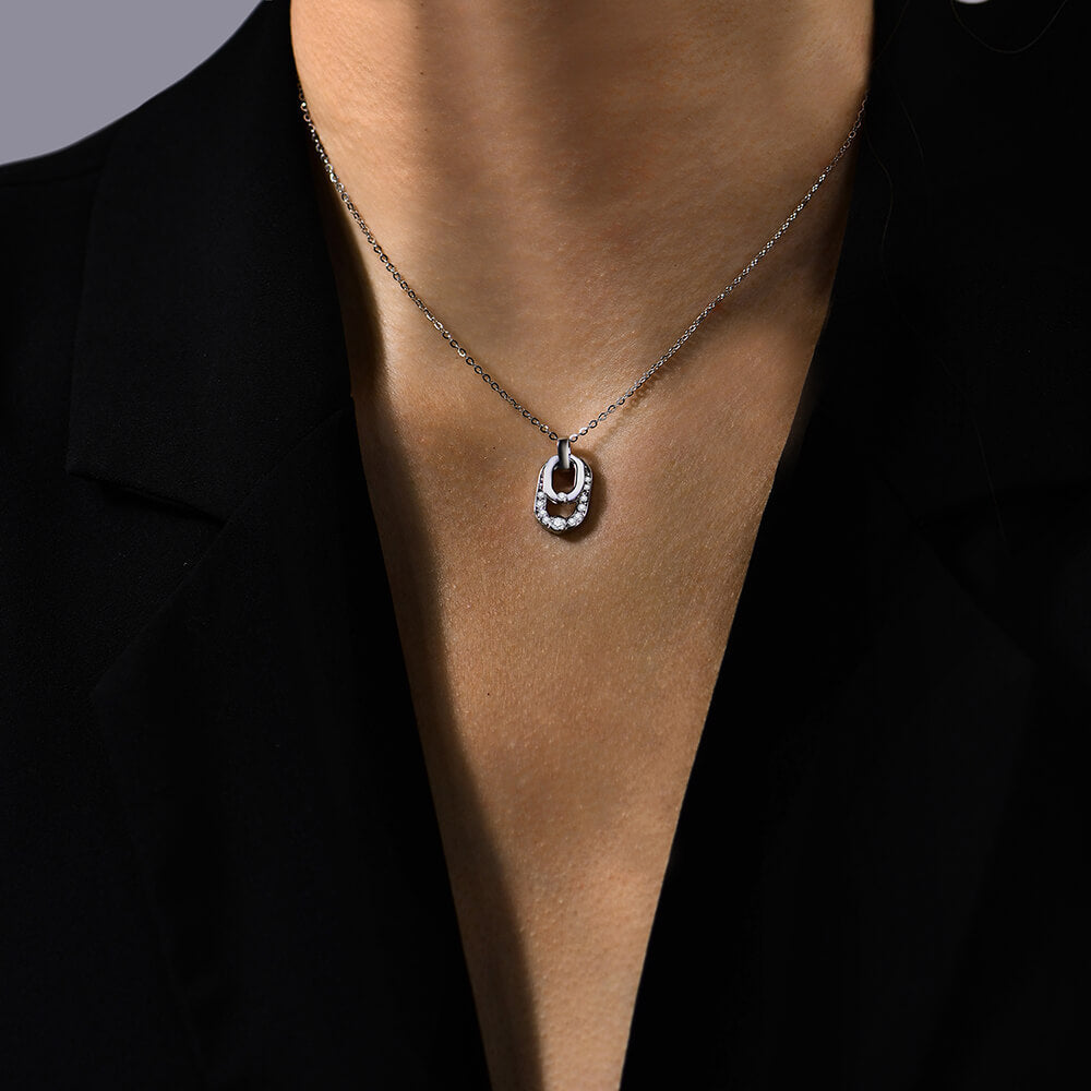 Double Geometric Loop Moissanite Pave Necklace In Sterling Silver