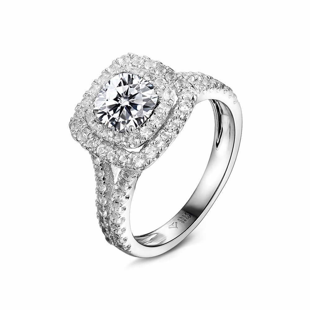 Double Halo Cushion Cut Moissanite Split Shank Pave Engagement Ring