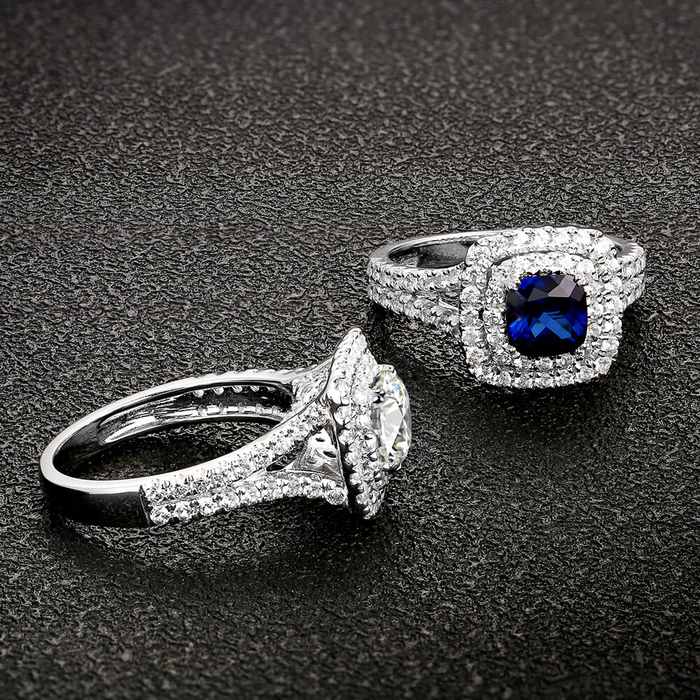 Double Halo Cushion Cut Moissanite Split Shank Pave Engagement Ring