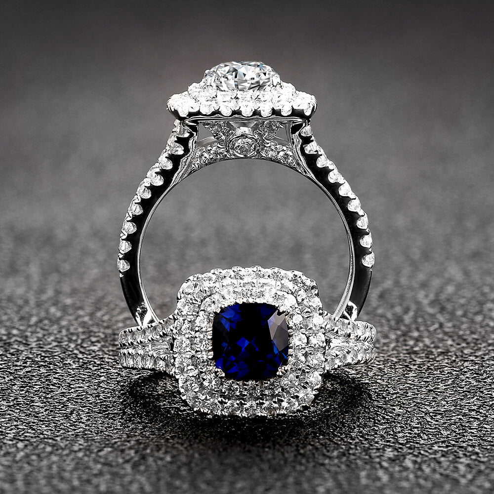Double Halo Cushion Cut Moissanite Split Shank Pave Engagement Ring
