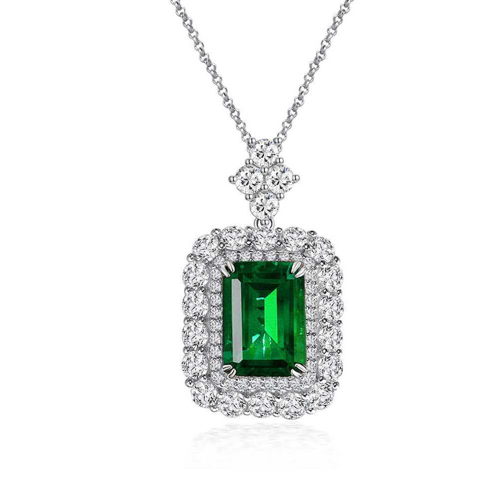 Double Halo Emerald-Cut Gemstone Sterling Silver Necklace