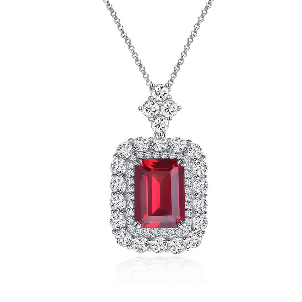Double Halo Emerald-Cut Gemstone Sterling Silver Necklace
