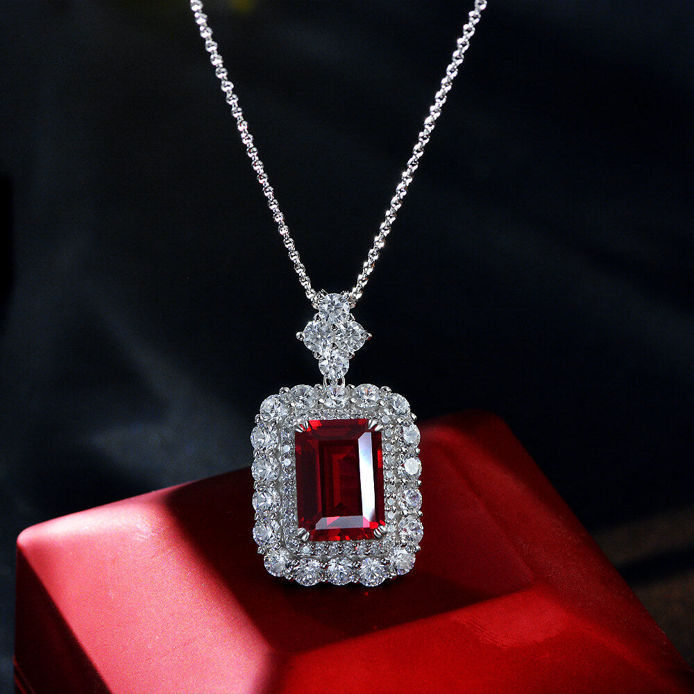 Double Halo Emerald-Cut Gemstone Sterling Silver Necklace