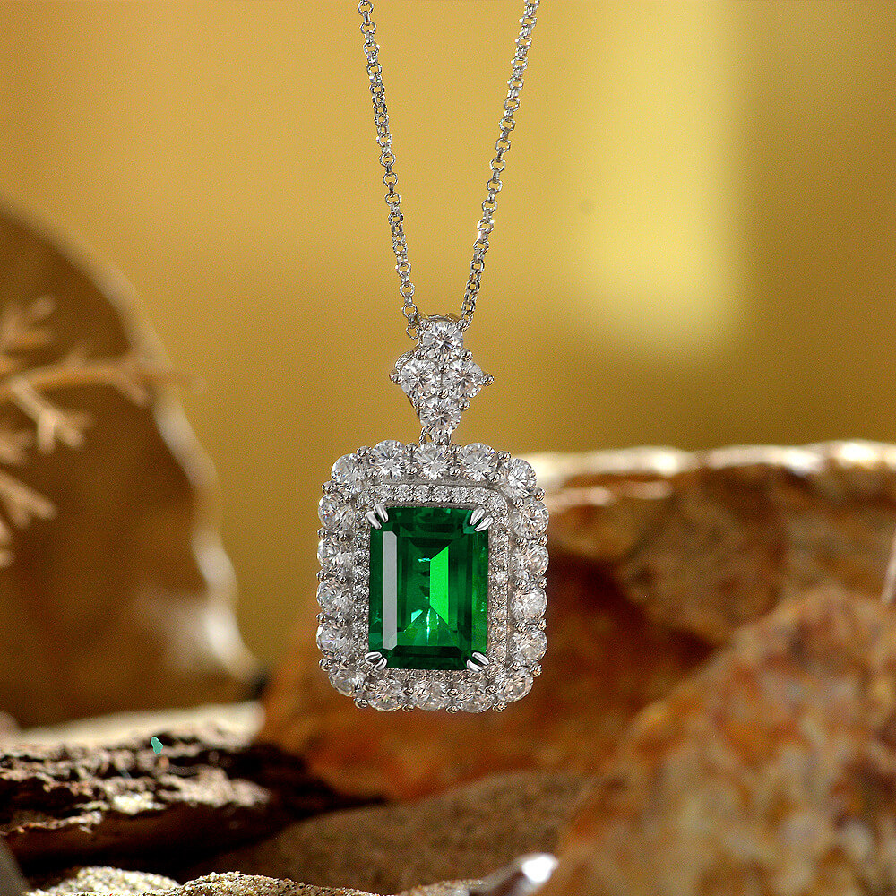 Double Halo Emerald-Cut Gemstone Sterling Silver Necklace