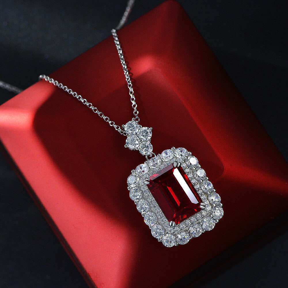 Double Halo Emerald-Cut Gemstone Sterling Silver Necklace