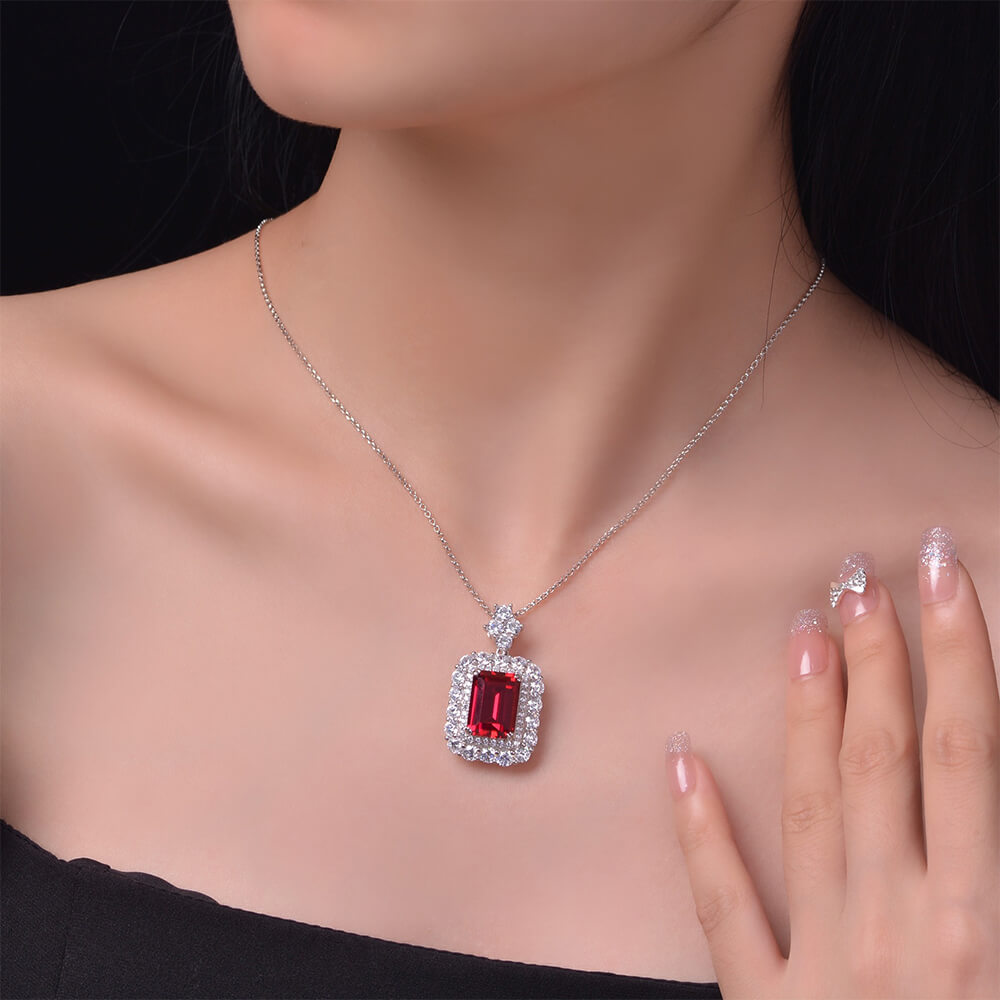 Double Halo Emerald-Cut Gemstone Sterling Silver Necklace