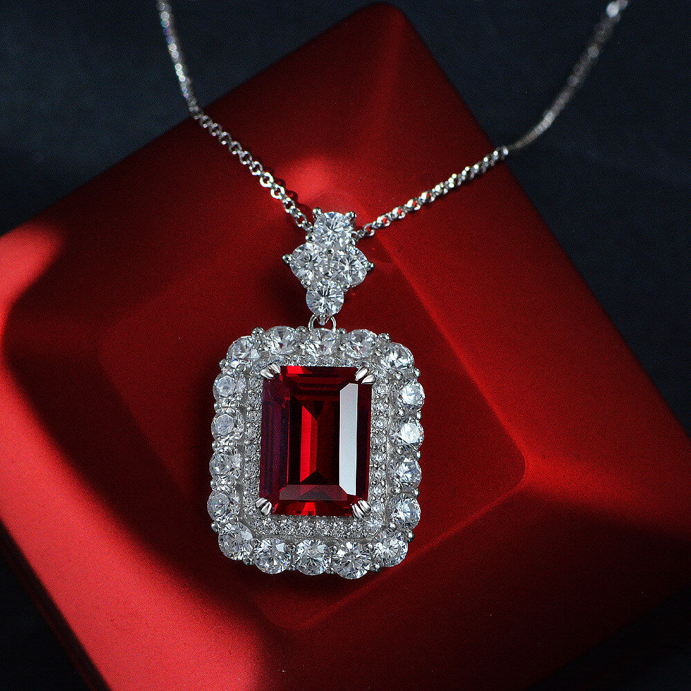 Double Halo Emerald-Cut Gemstone Sterling Silver Necklace