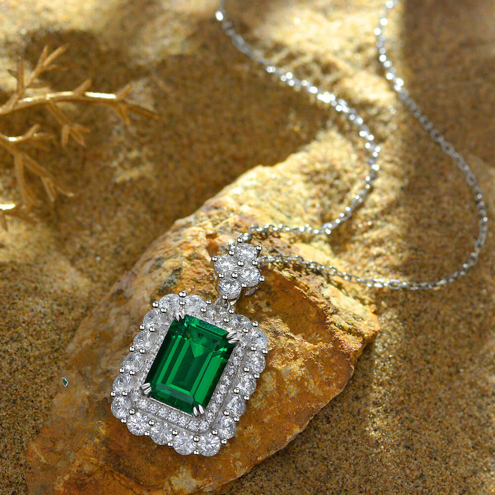 Double Halo Emerald-Cut Gemstone Sterling Silver Necklace