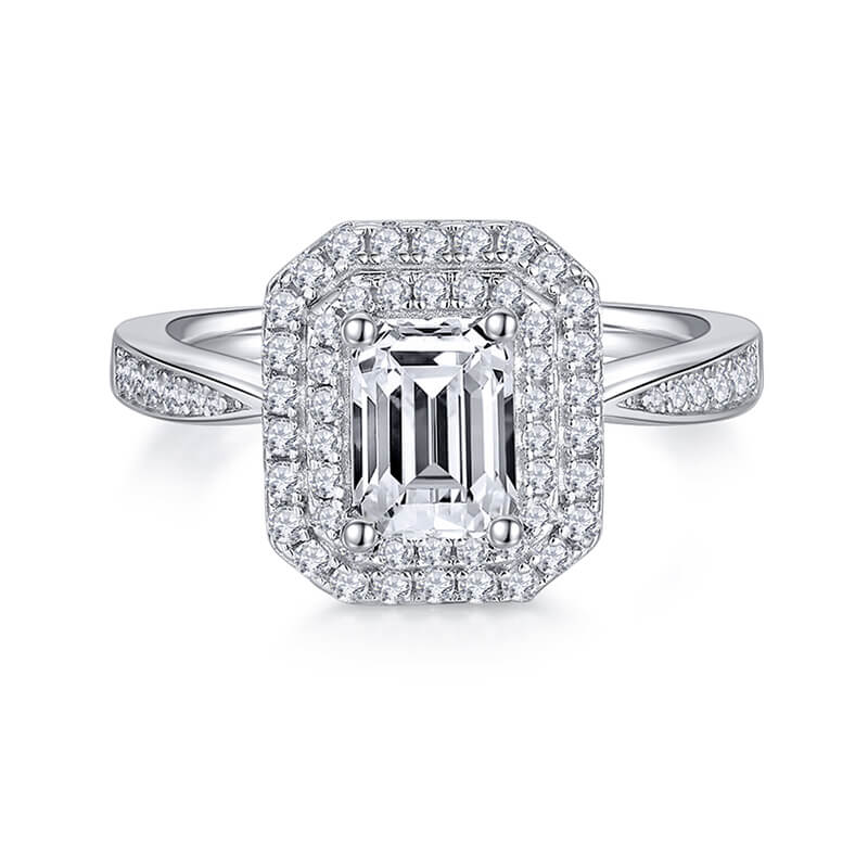 Double Halo Emerald-Cut Moissanite Pave Engagement Ring