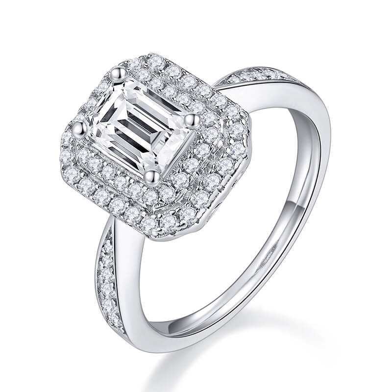 Double Halo Emerald-Cut Moissanite Pave Engagement Ring