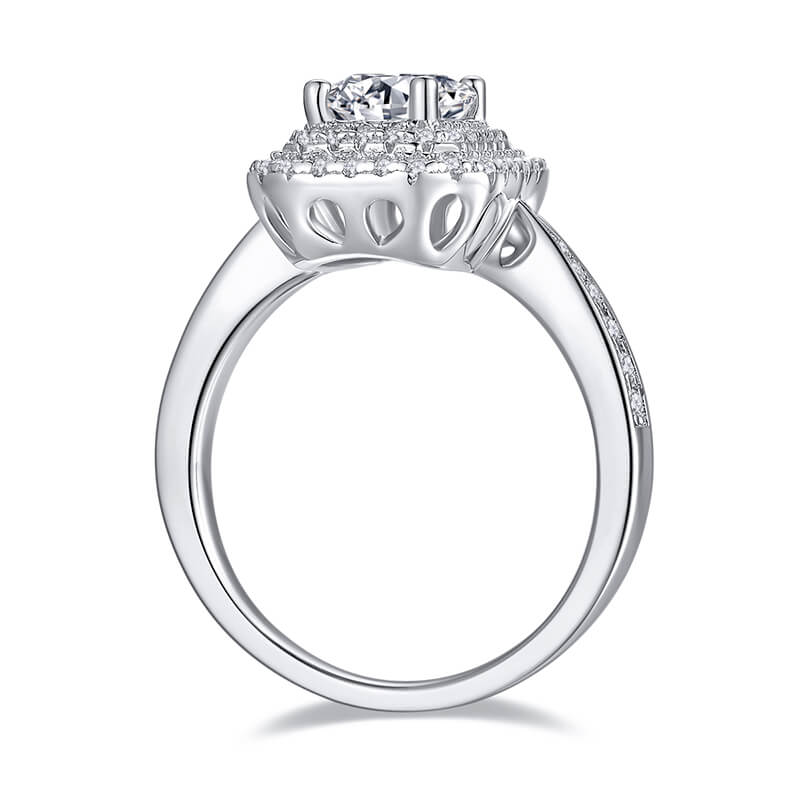 Double Halo Emerald-Cut Moissanite Pave Engagement Ring