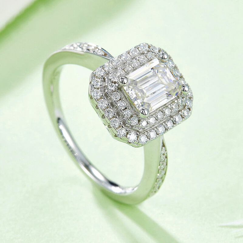Double Halo Emerald-Cut Moissanite Pave Engagement Ring