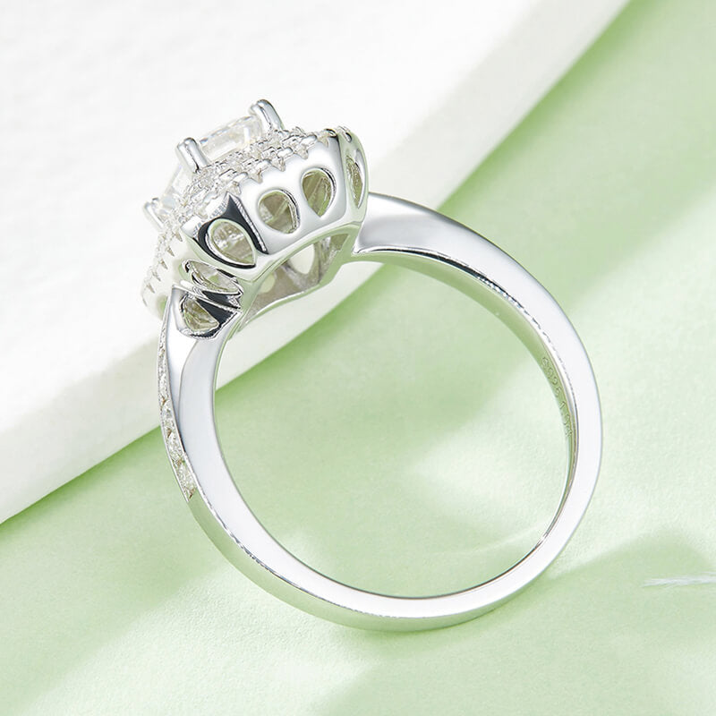 Double Halo Emerald-Cut Moissanite Pave Engagement Ring