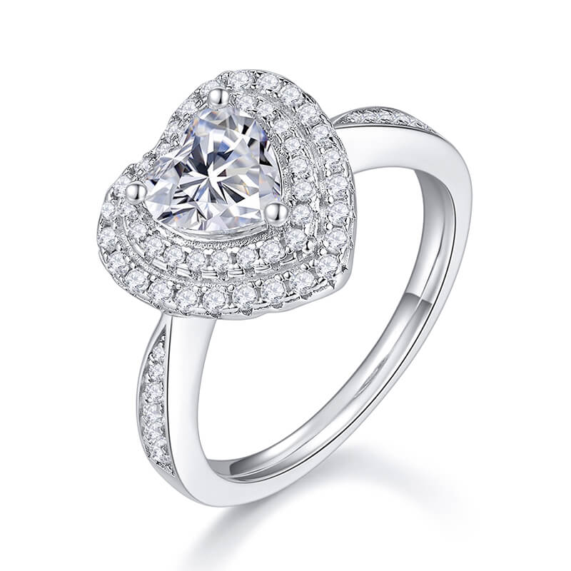 Double Halo Heart Cut Moissanite Pave Engagement Ring